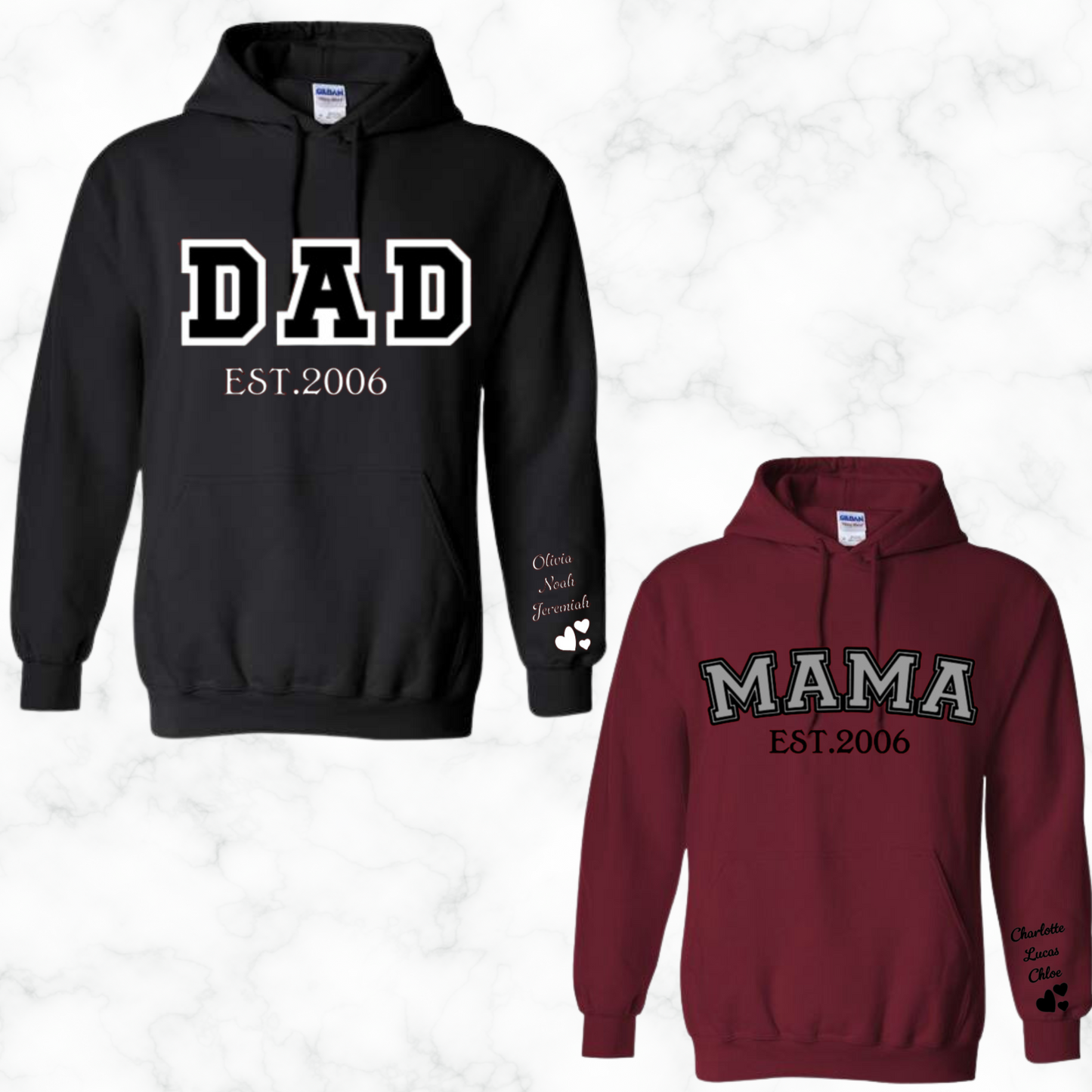 Personalized Mama and Dad Hoodie With Children's Name On Sleeve