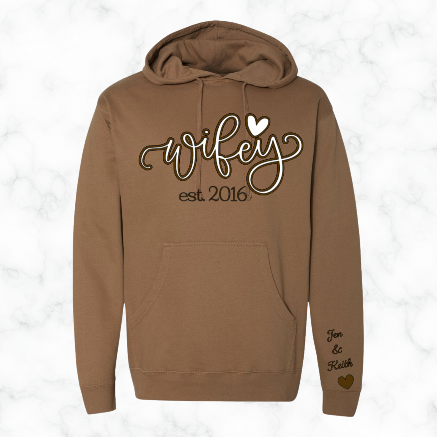 Personalized Wifey and Hubby Hoodie With Names On Sleeve