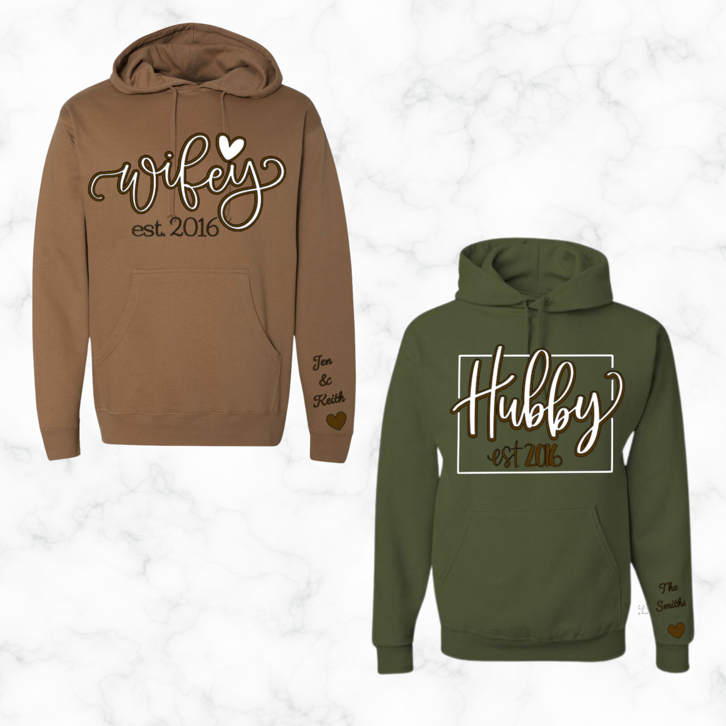 Personalized Wifey and Hubby Hoodie With Names On Sleeve